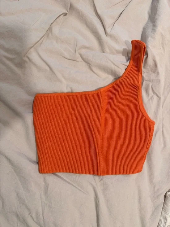 Sculpt Knit One-Shoulder Ribbed Crop Top - Orange - Picture 3 of 5